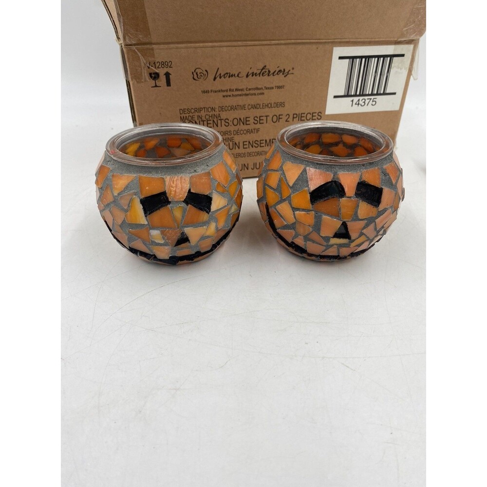 Home Interiors Decorative Candleholders Stained Glass Pumpkin Jack O Lantern Set